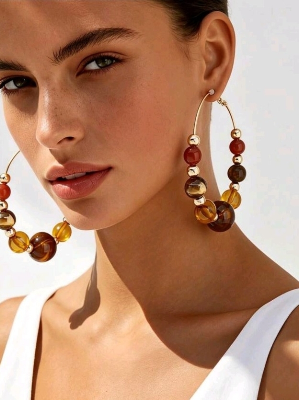 Hoops Earrings with Amber and Brown Beads